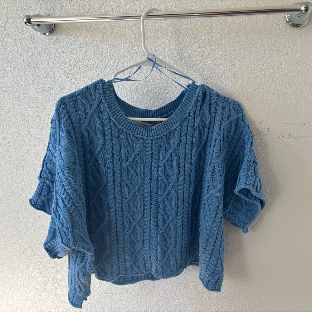 Altar'd State Light Blue Cable Knit Cropped Crewneck Sweater